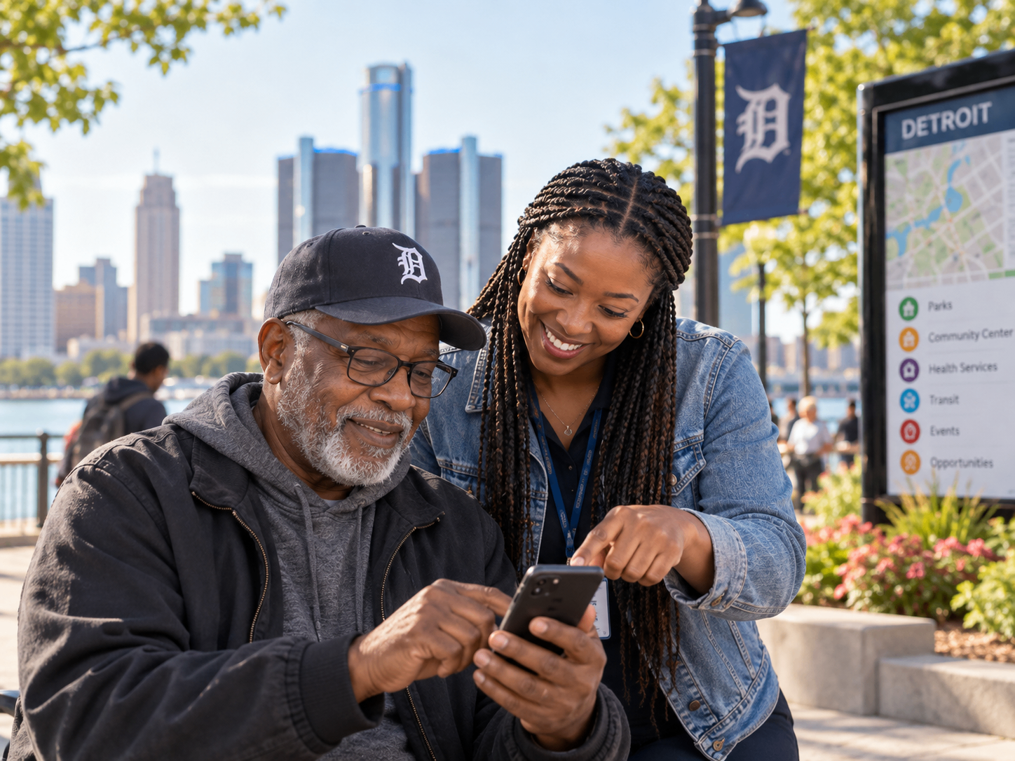 A daughter helps her father use a phone beside the Detroit riverfront and skyline